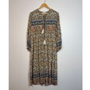 Boho Peasant R.Vivimos Floral Paisley Midi Dress Women Size L Multicolor